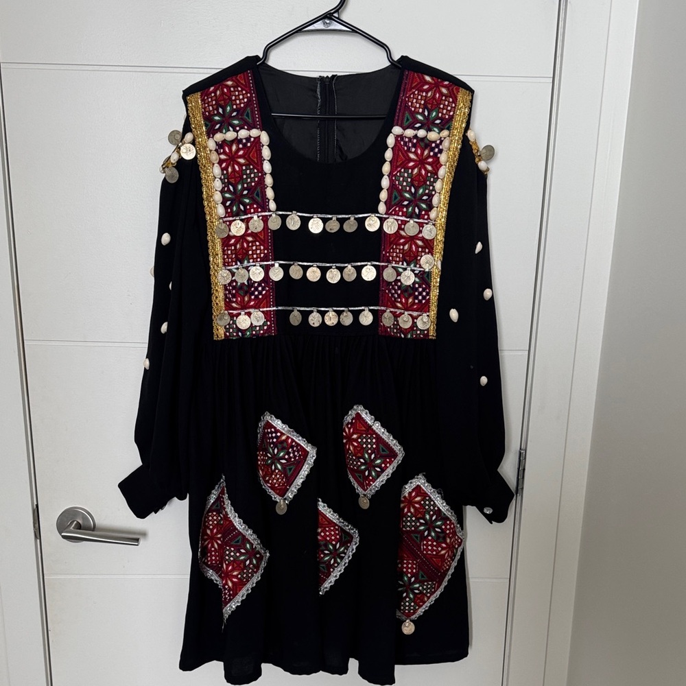 Black Embroidered Maxi Dress with Red Accent Panels and Coin Trim